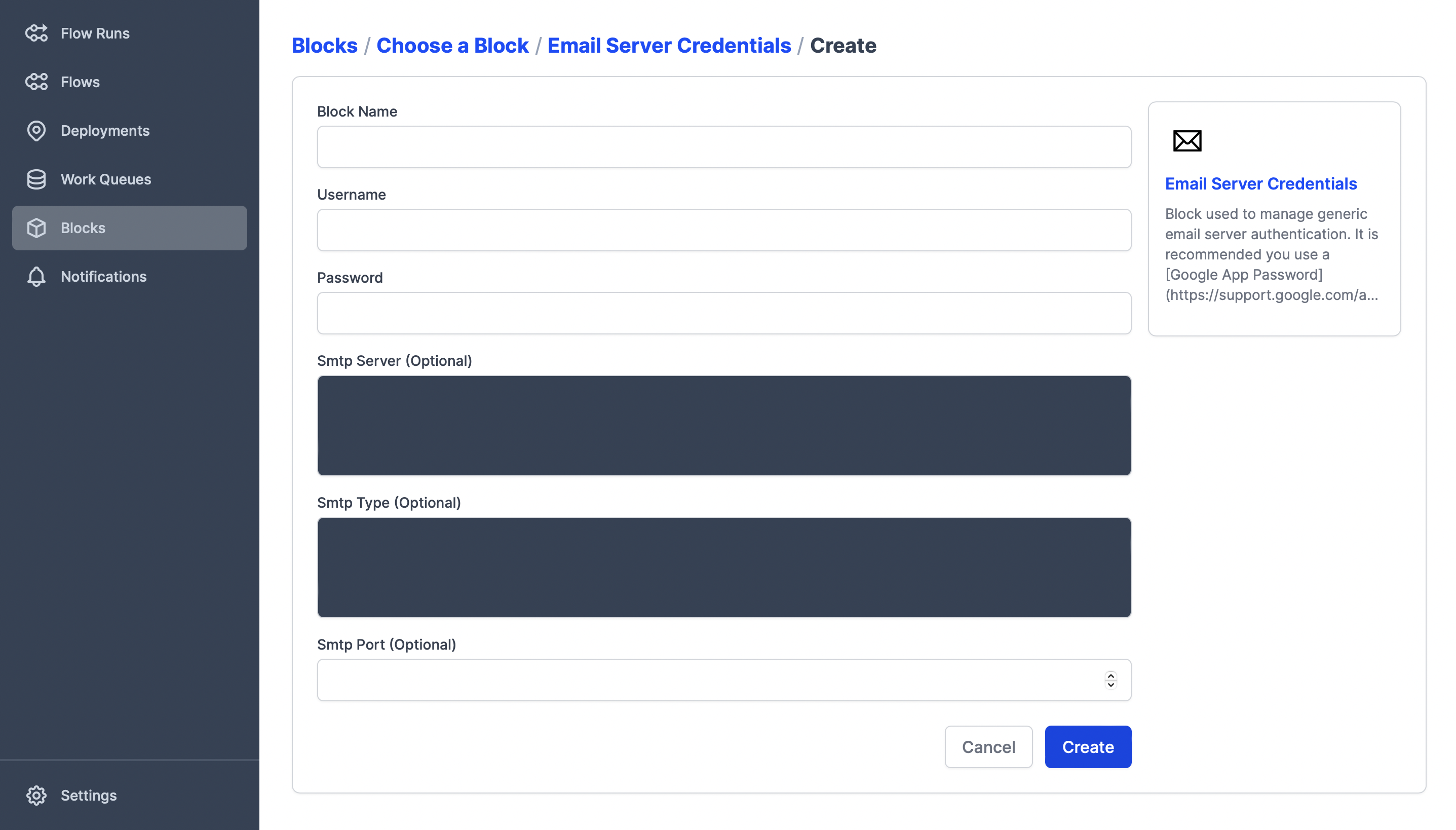 Previewing the creation of the Email Server Credentials block in the Prefect UI.
